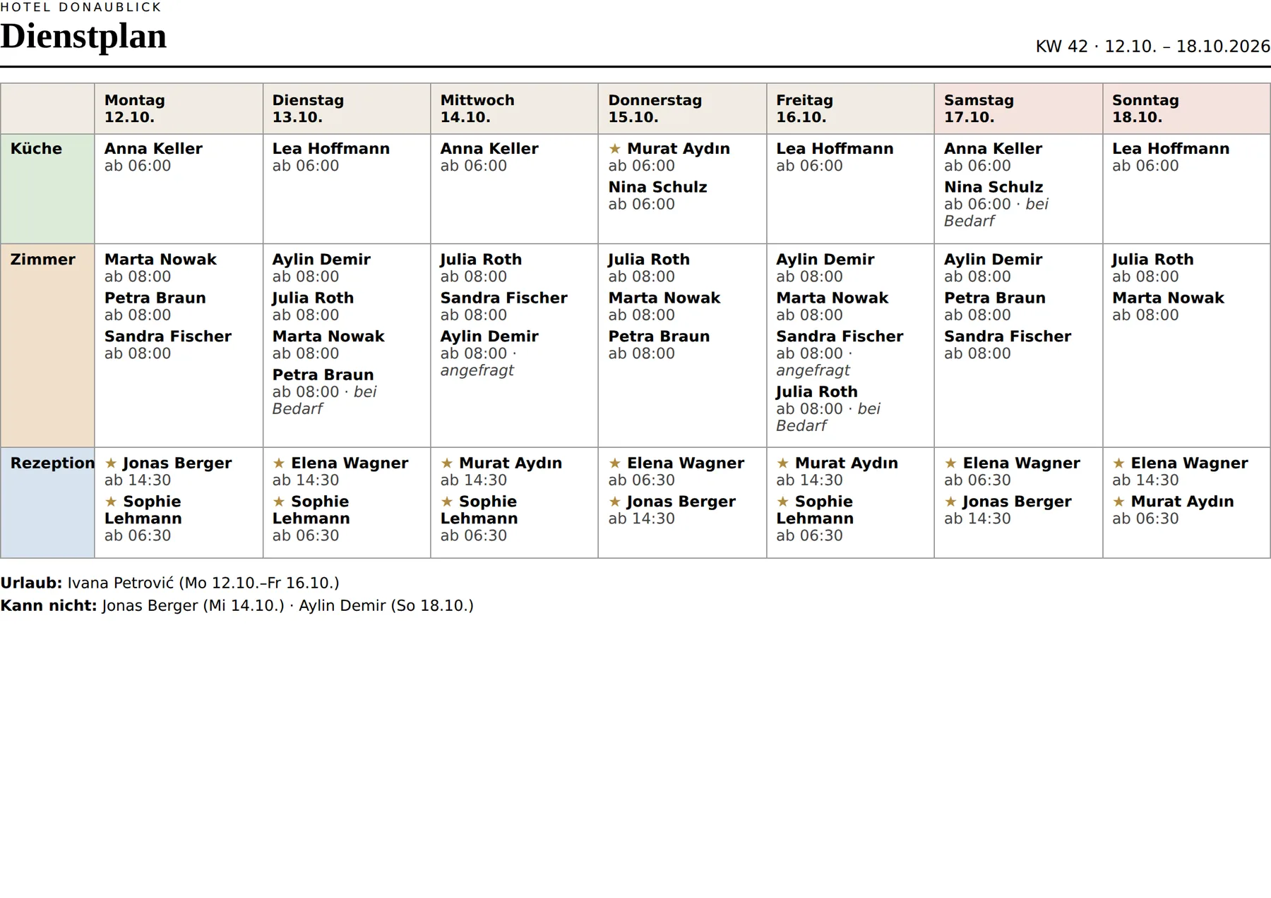 Ausgedruckter Wochenplan im Querformat