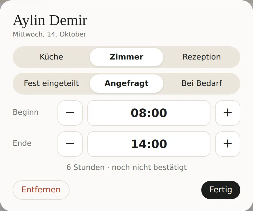 Schicht-Fenster mit Bereich, Status und Zeiten