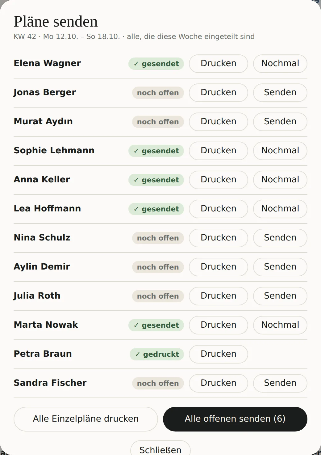 Übersicht Pläne senden mit Drucken und Senden je Person
